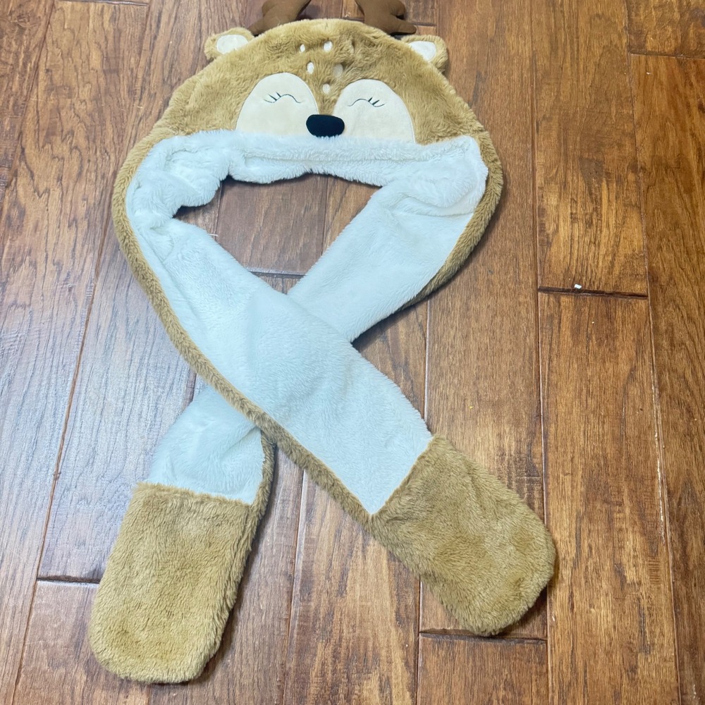 Claire's Reindeer Plush Hood Scarf Mittens Combo Brown Faux Fur‎ Deer Antlers